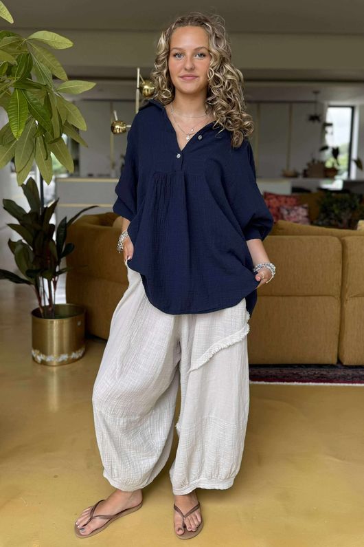 Made in Italy Santos Collared Peasant Smock Blouse Navy
